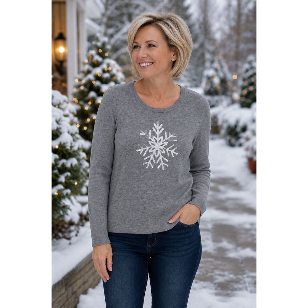 Talbots Petites MP Gray Knit Sweater White Glitter Snowflake Holiday Winter #18